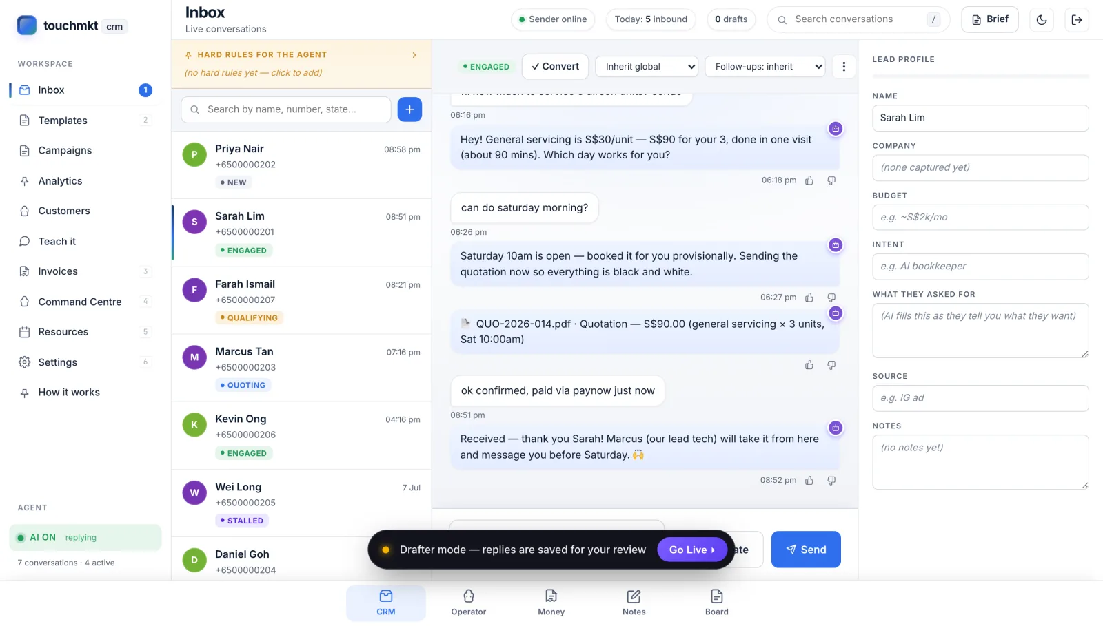 The touchmkt CRM inbox: the AI closer quoting a live WhatsApp lead